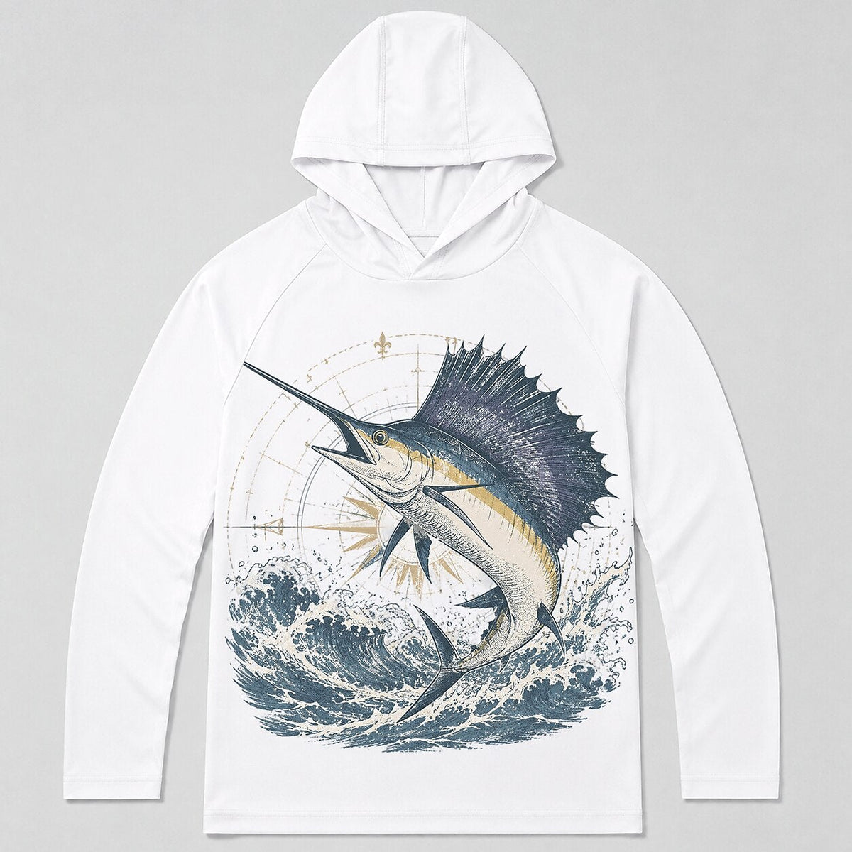 UPF 50+ Sailfish Deep Sea Fishing Sun Protection Hoodie for Men - fabric and print detail