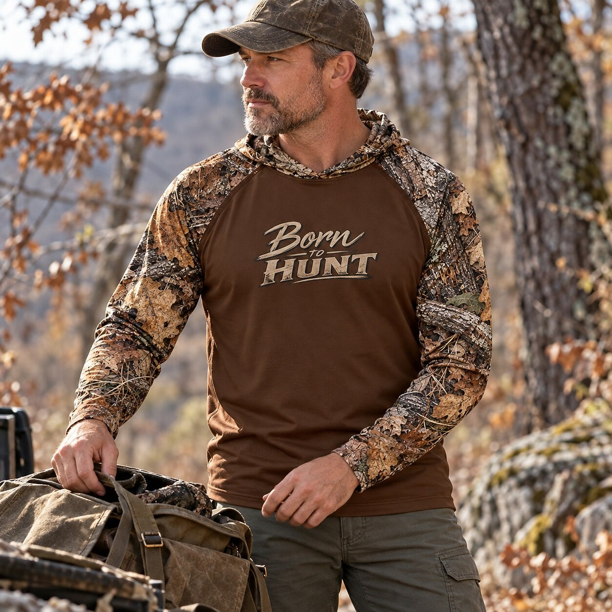 UPF 50+ Born to Hunt Woodland Leaf Camo Sun Hoodie