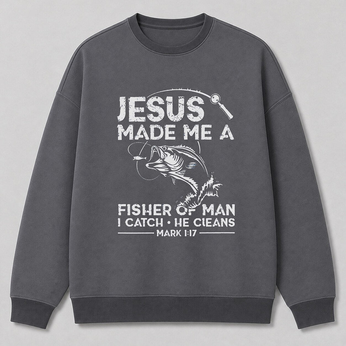 Vintage Bass Lake Life Crewneck Sweatshirt — charcoal front view with printed graphic