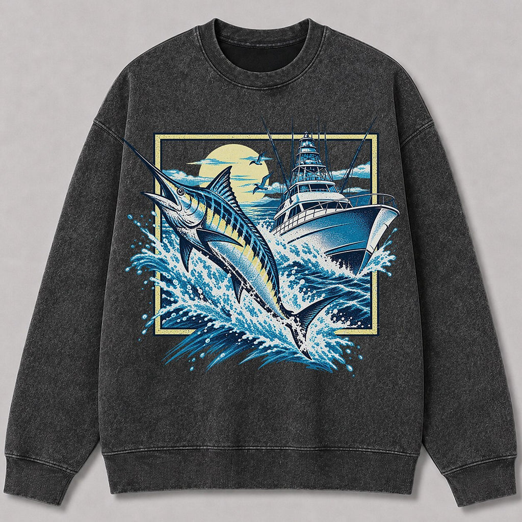 Washed Marlin Sportfishing Boat Sweatshirt Graphic Design