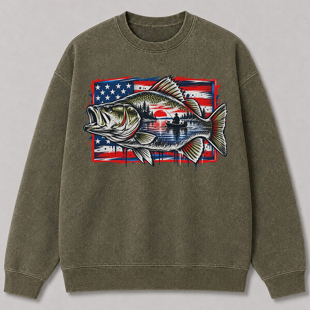 Washed American Flag Largemouth Bass Fishing Sweatshirt