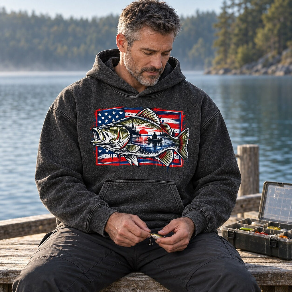 Washed Largemouth Bass American Flag Fishing Hoodie