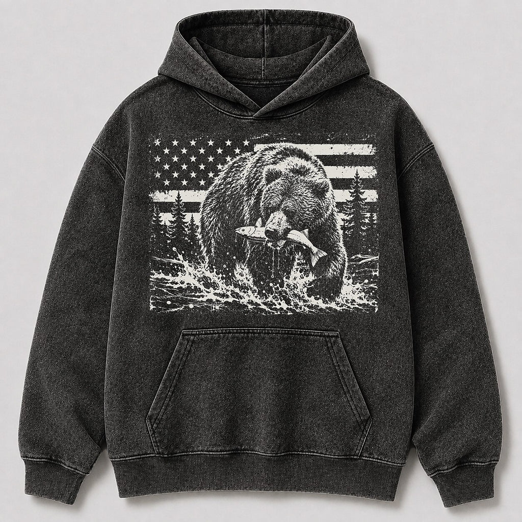 Washed Grizzly Bear Salmon River Fishing Hoodie