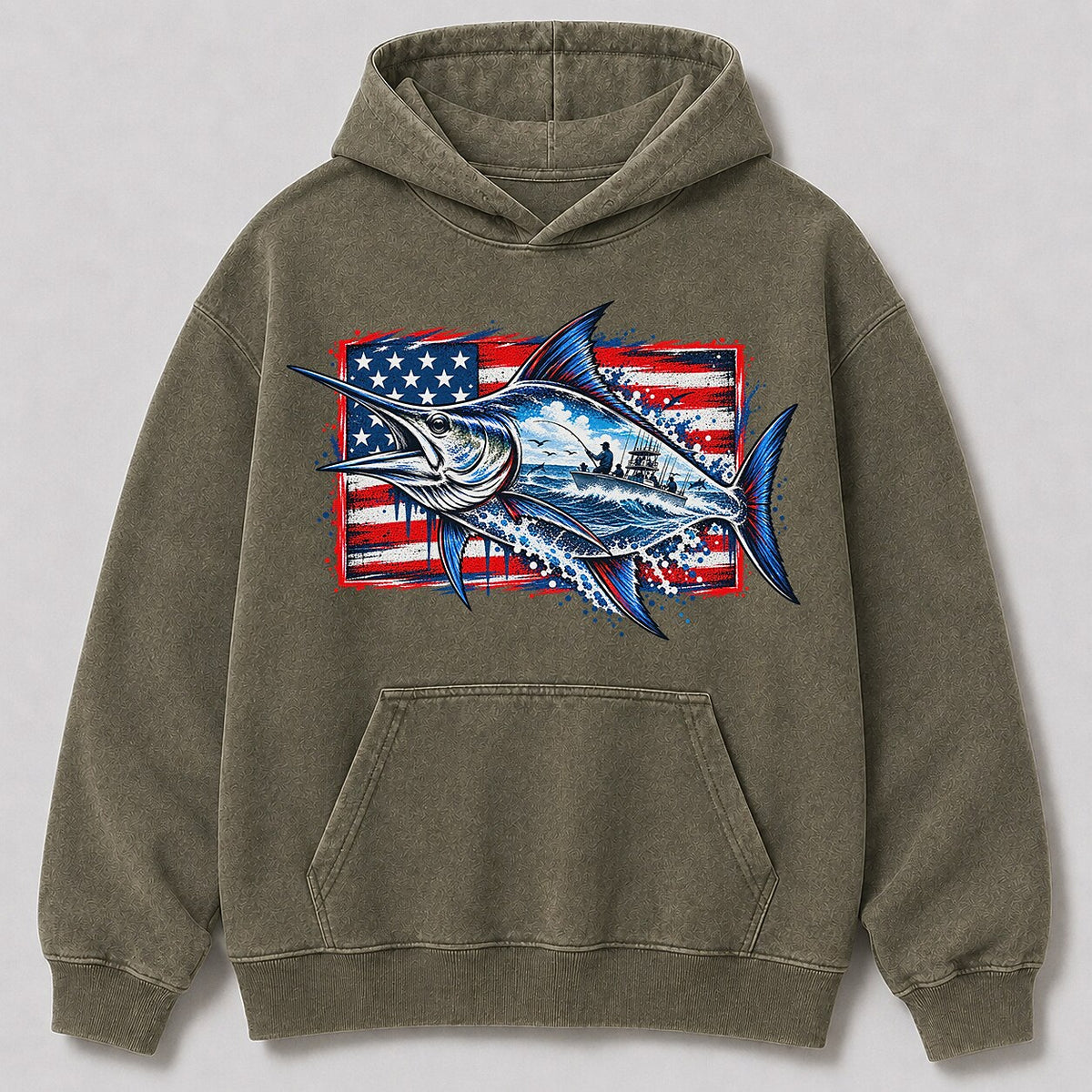 Washed Marlin Offshore Sportfishing Boat Graphic Hoodie
