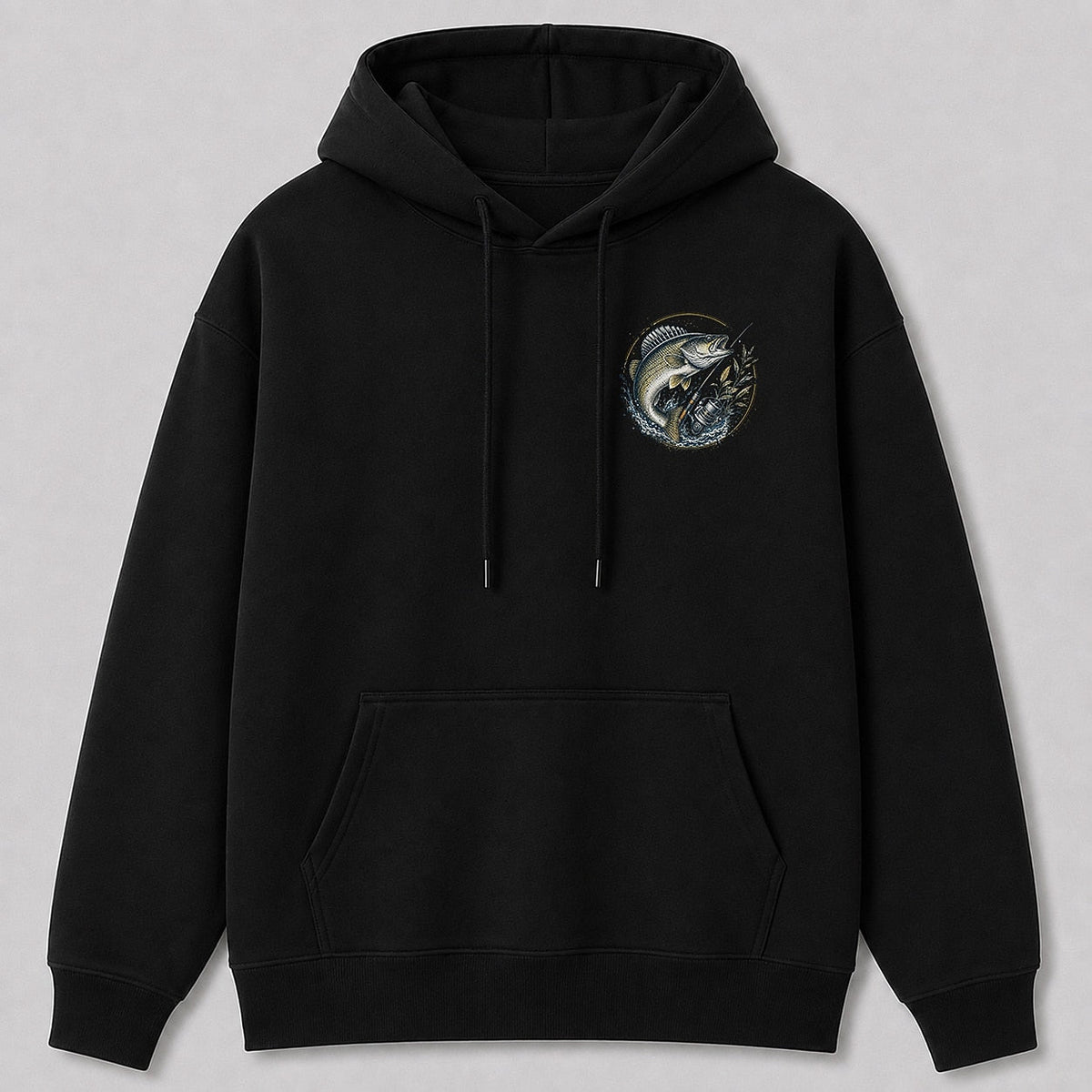 Walleye Freshwater Lake Fishing Hoodie for Men — black front view with chest graphic