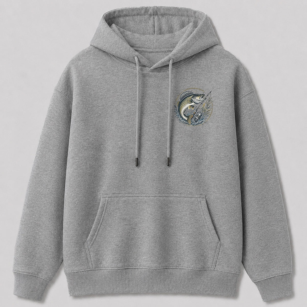 Walleye Freshwater Lake Fishing Hoodie for Men — gray front view with chest graphic