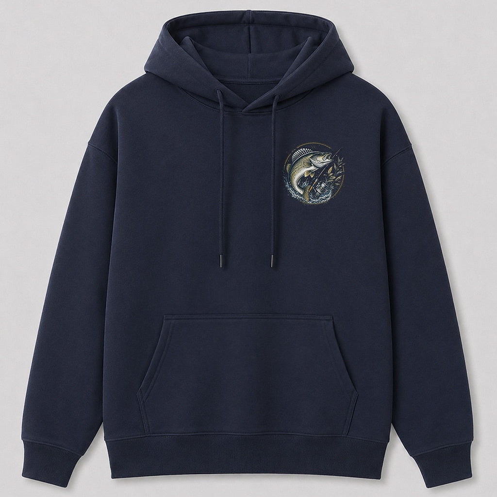 Walleye Freshwater Lake Fishing Hoodie for Men — navy front view with chest graphic