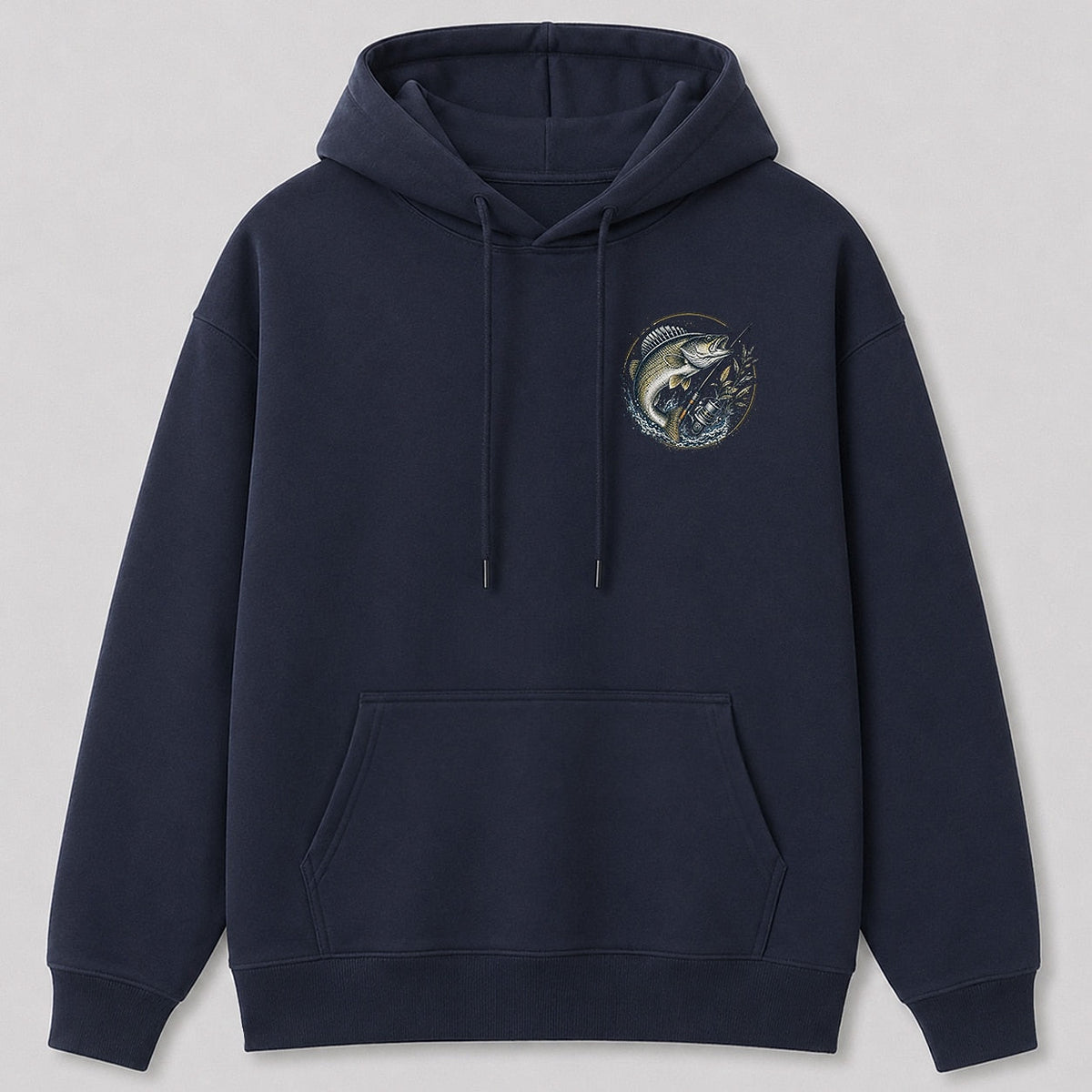 Walleye Freshwater Lake Fishing Hoodie for Men — navy front view with chest graphic