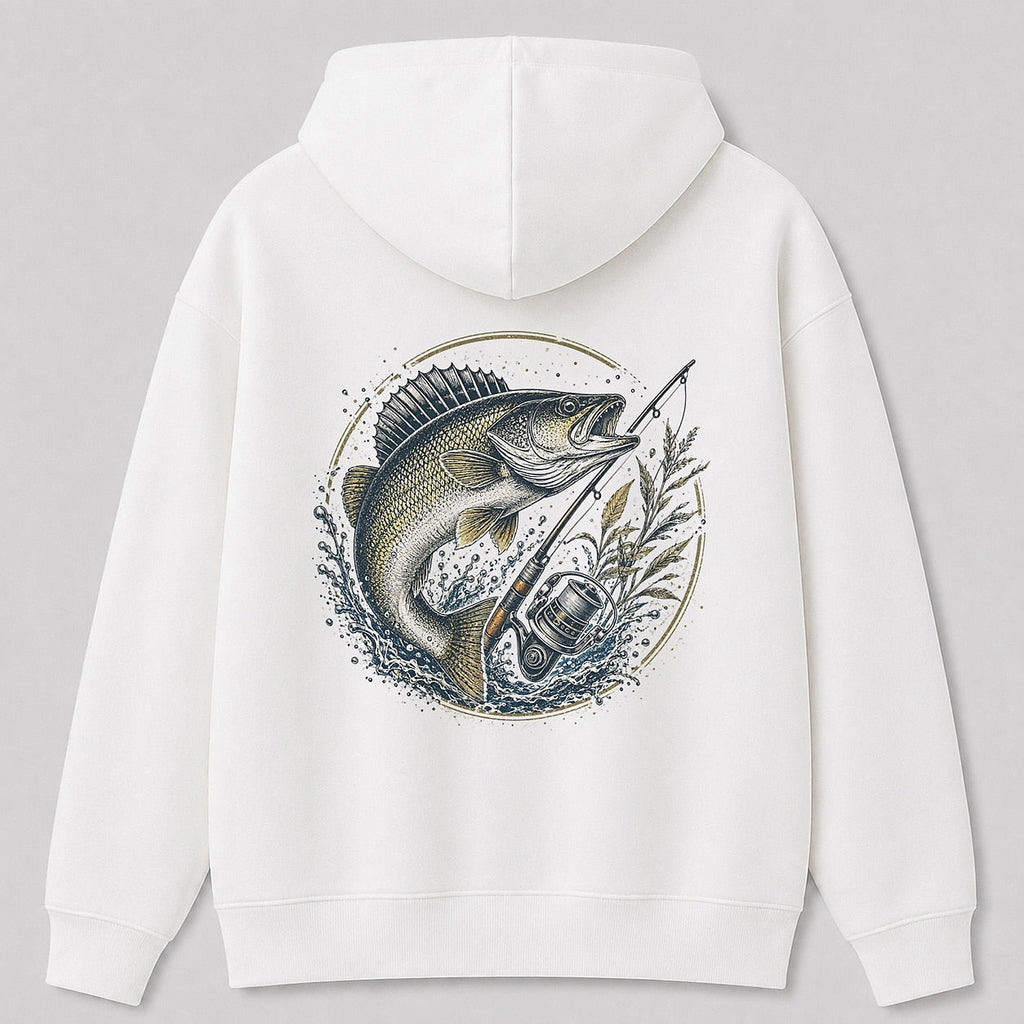 Walleye Freshwater Lake Fishing Hoodie for Men — white back view with large graphic