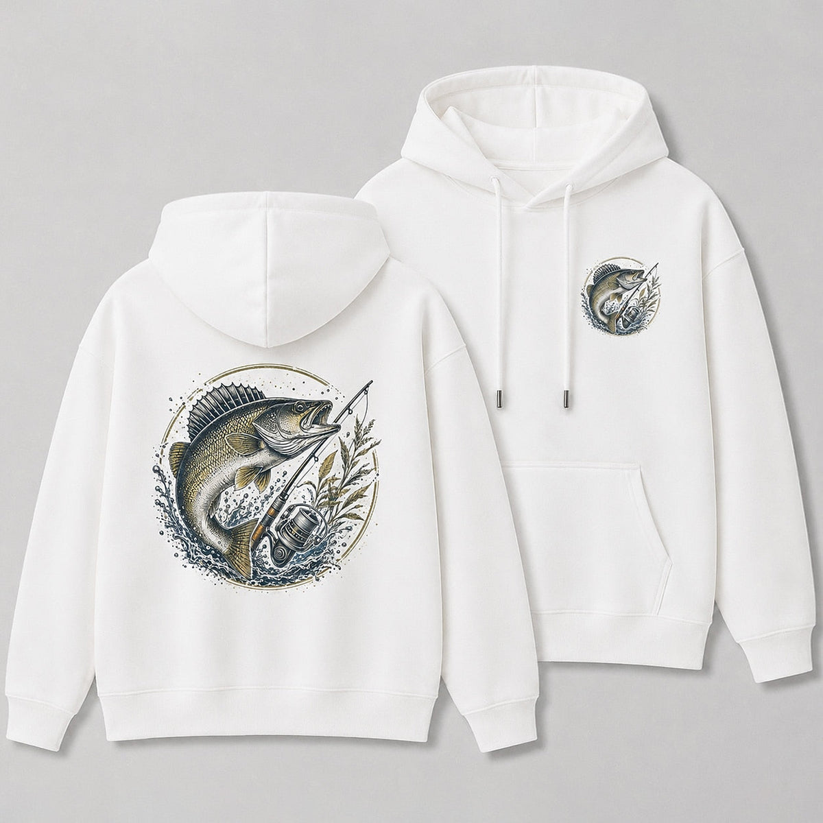 Walleye Freshwater Lake Fishing Hoodie for Men — white front-and-back design view