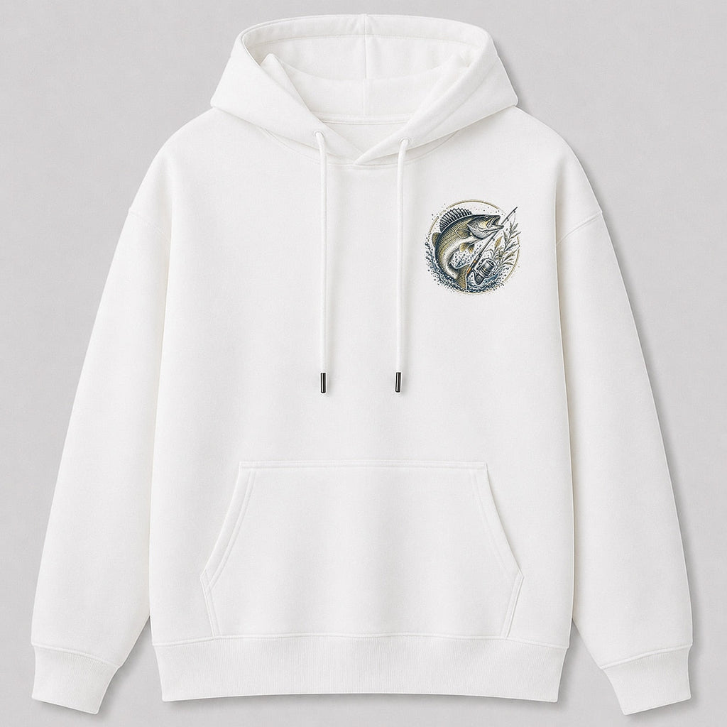 Walleye Freshwater Lake Fishing Hoodie for Men — white front view with chest graphic