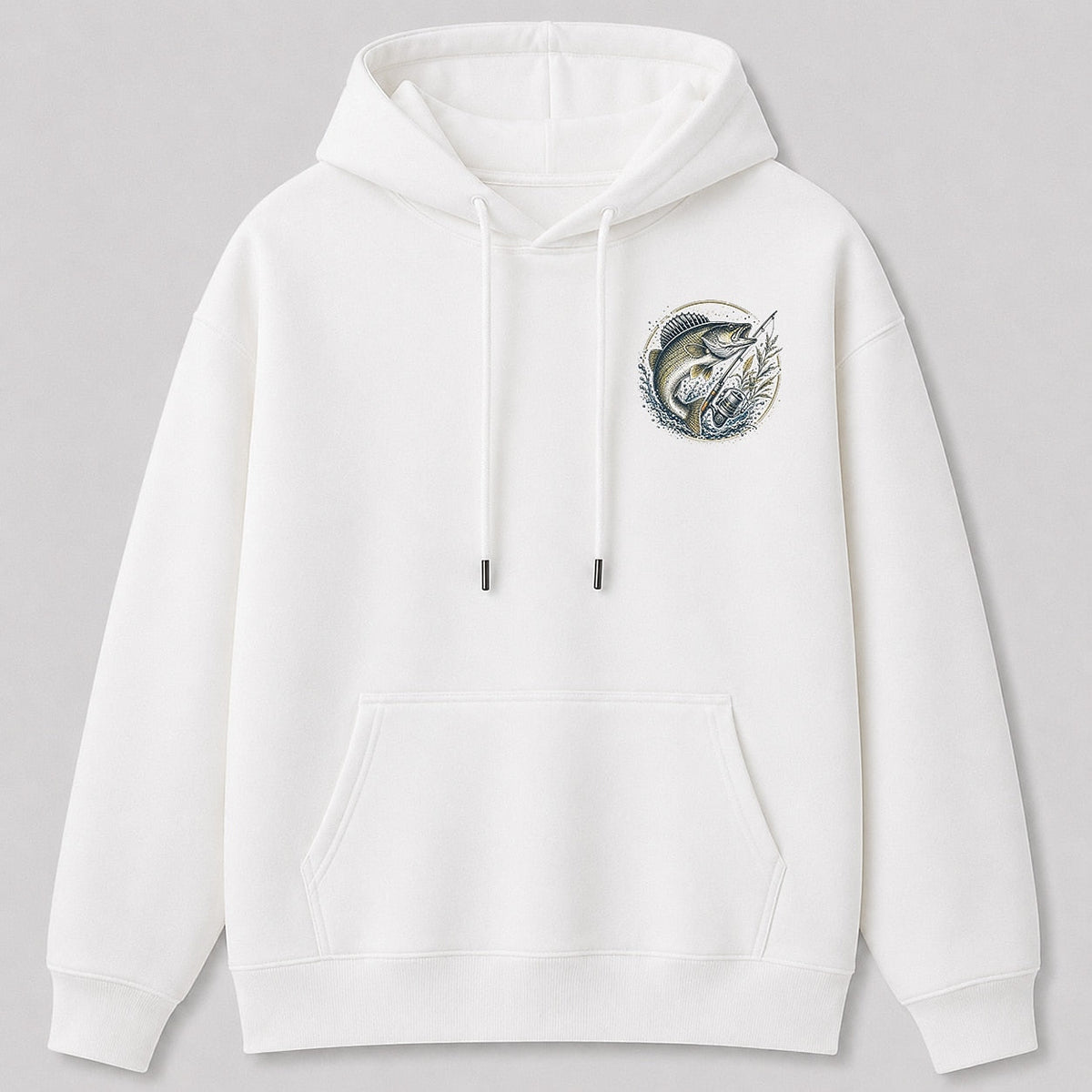 Walleye Freshwater Lake Fishing Hoodie for Men — white front view with chest graphic