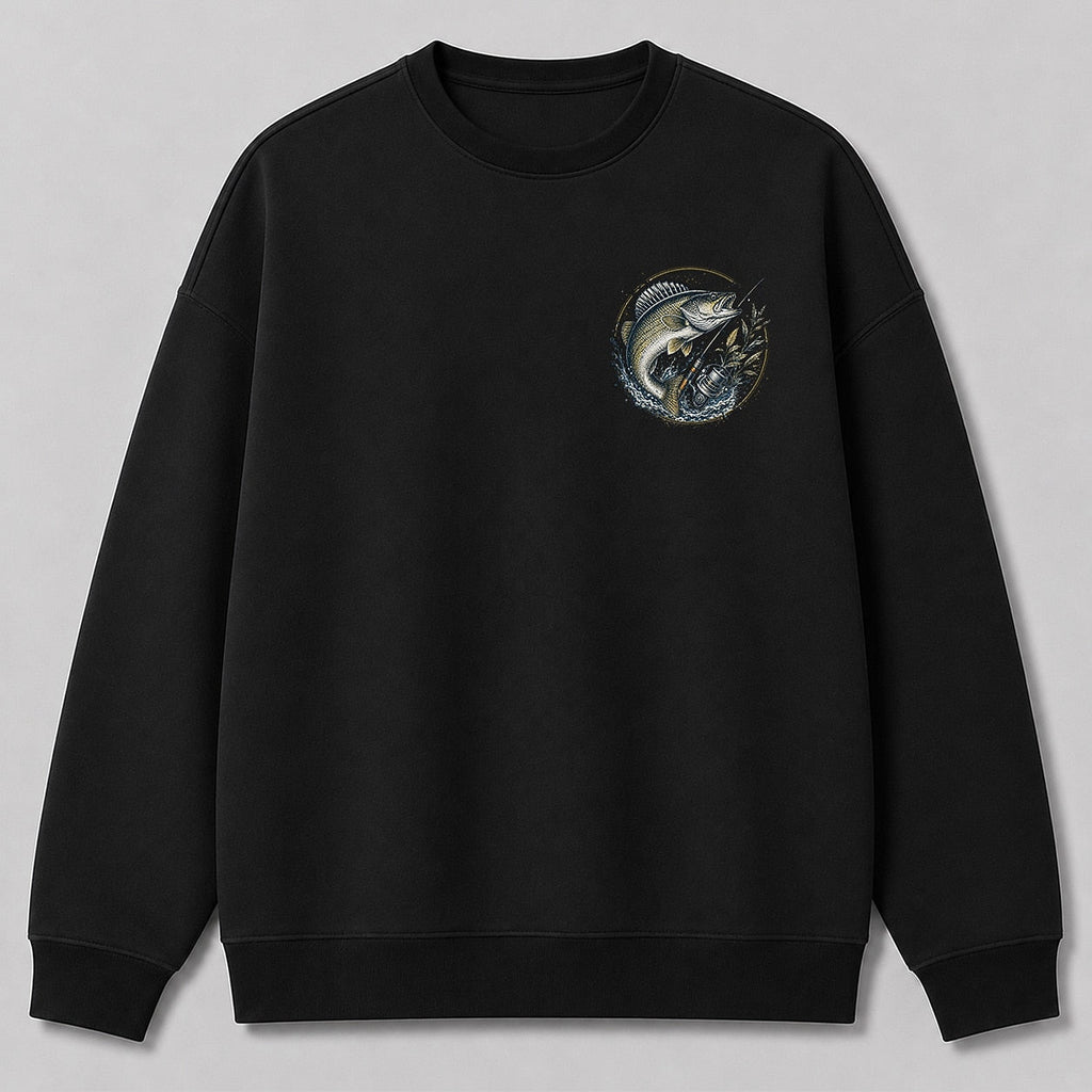 Walleye Lake Fishing Crewneck Sweatshirt for Men — black front view with chest graphic