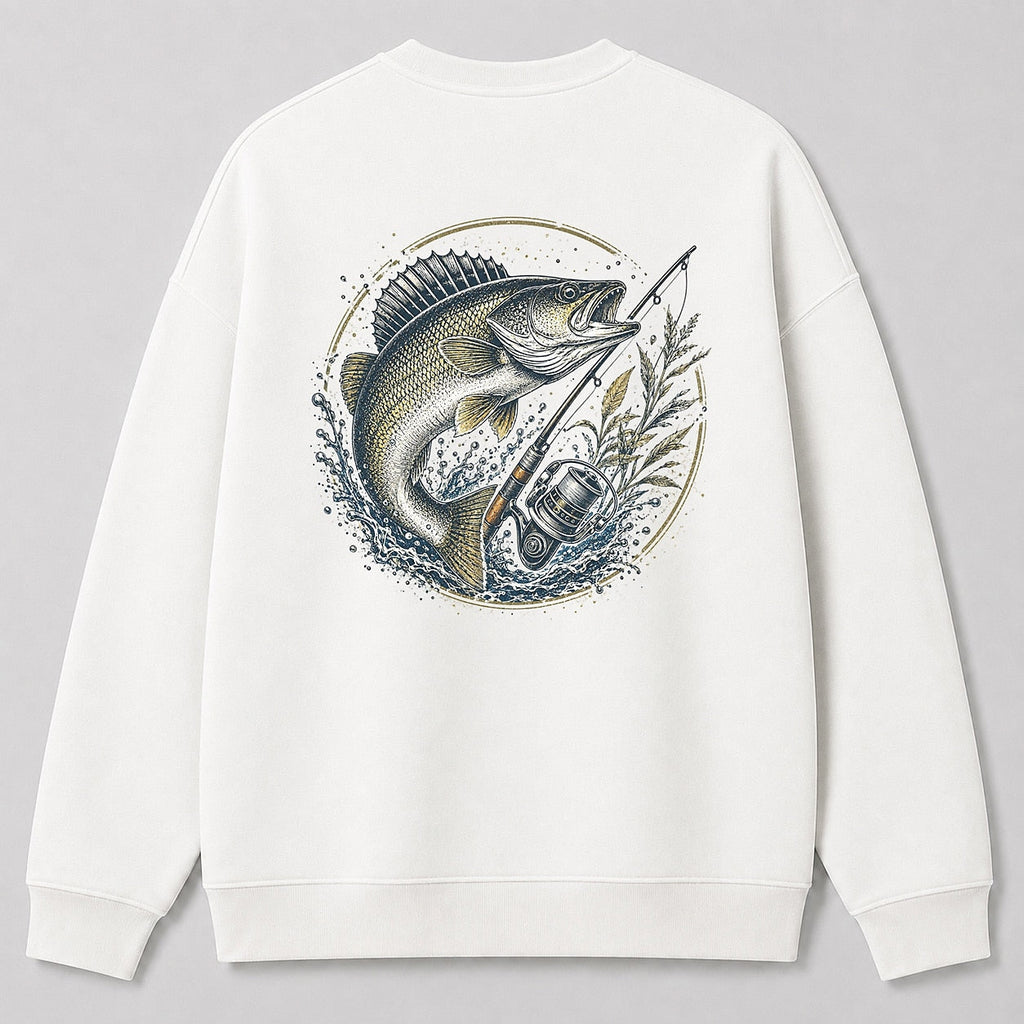 Walleye Lake Fishing Crewneck Sweatshirt for Men — charcoal back view with large graphic