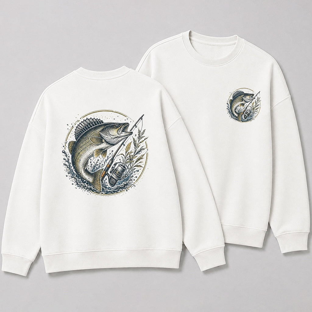 Walleye Lake Fishing Crewneck Sweatshirt for Men — charcoal front-and-back design view