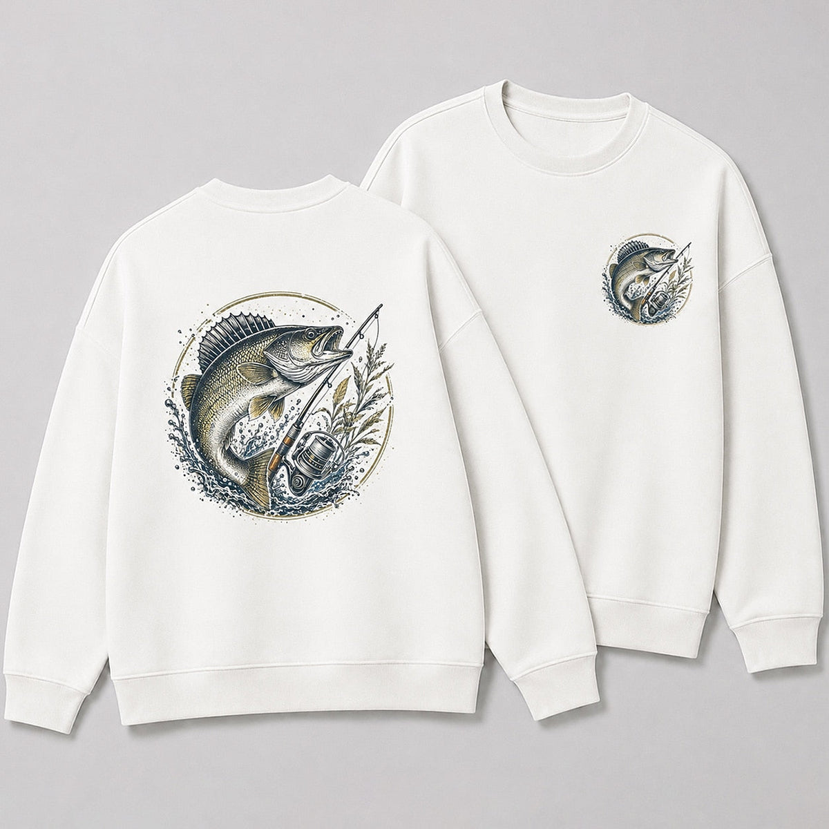 Walleye Lake Fishing Crewneck Sweatshirt for Men — charcoal front-and-back design view