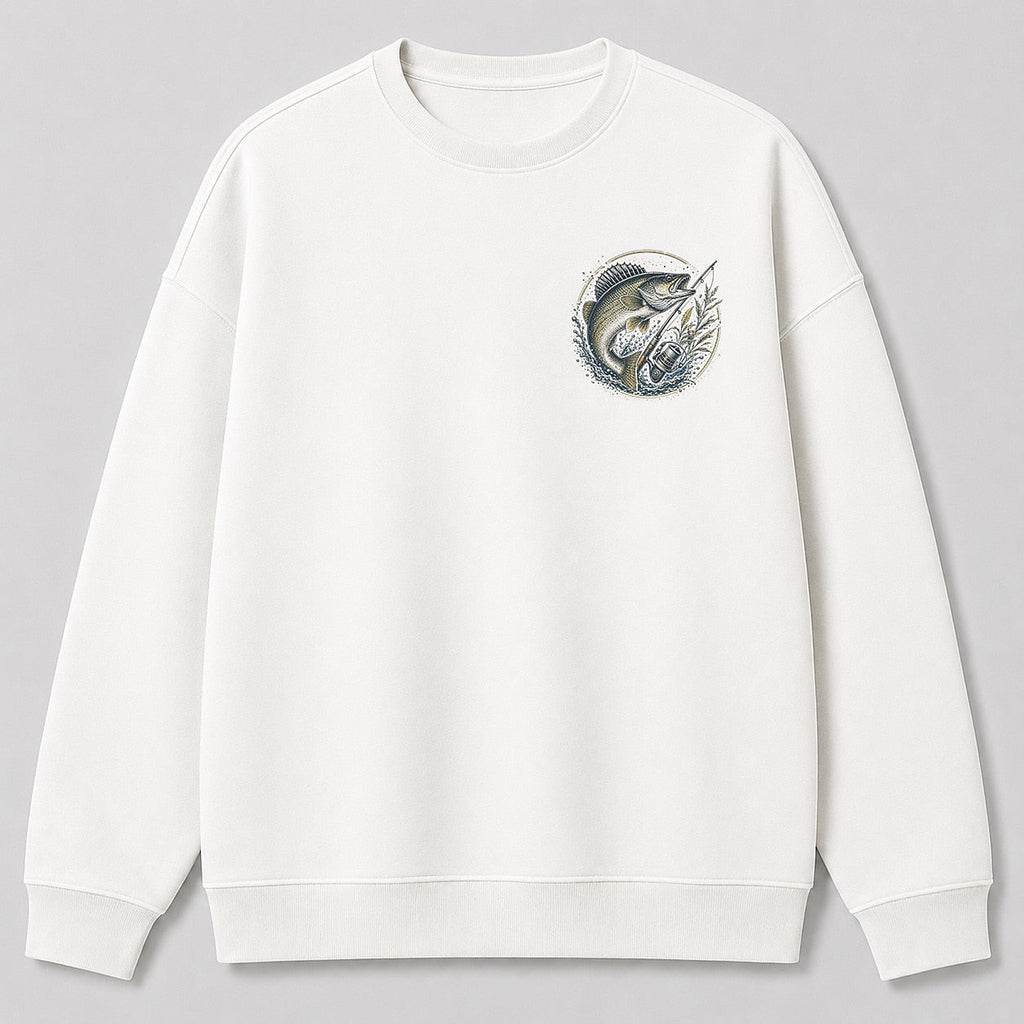 Walleye Lake Fishing Crewneck Sweatshirt for Men — charcoal front view with chest graphic