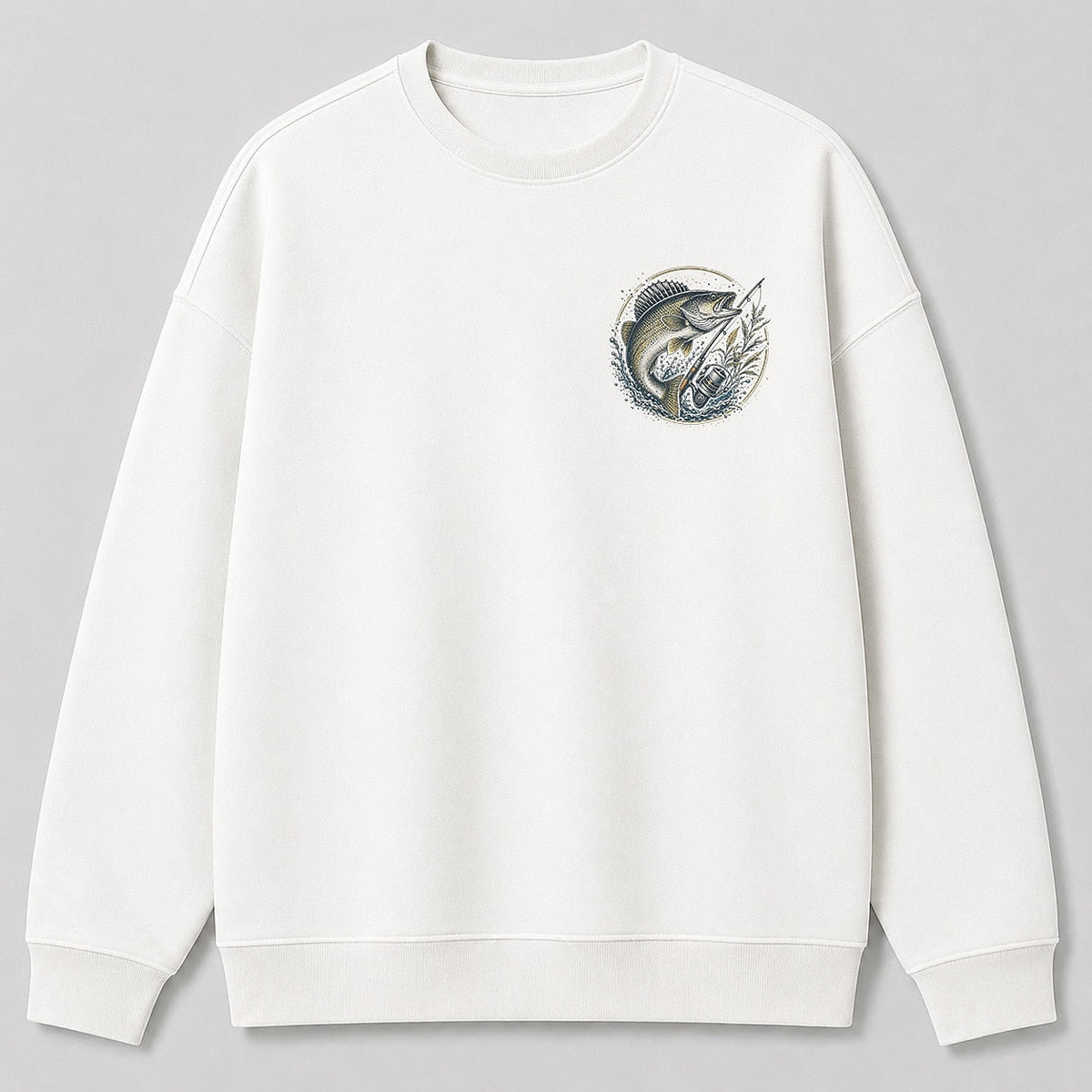Walleye Lake Fishing Crewneck Sweatshirt for Men — charcoal front view with chest graphic