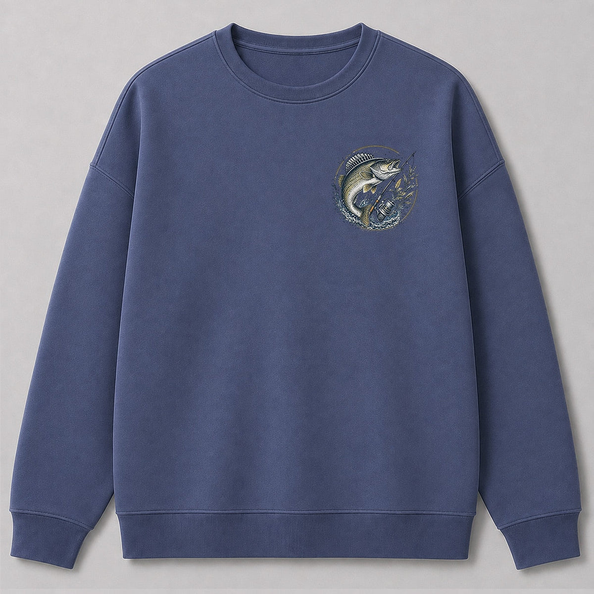 Walleye Lake Fishing Crewneck Sweatshirt for Men — navy front view with chest graphic