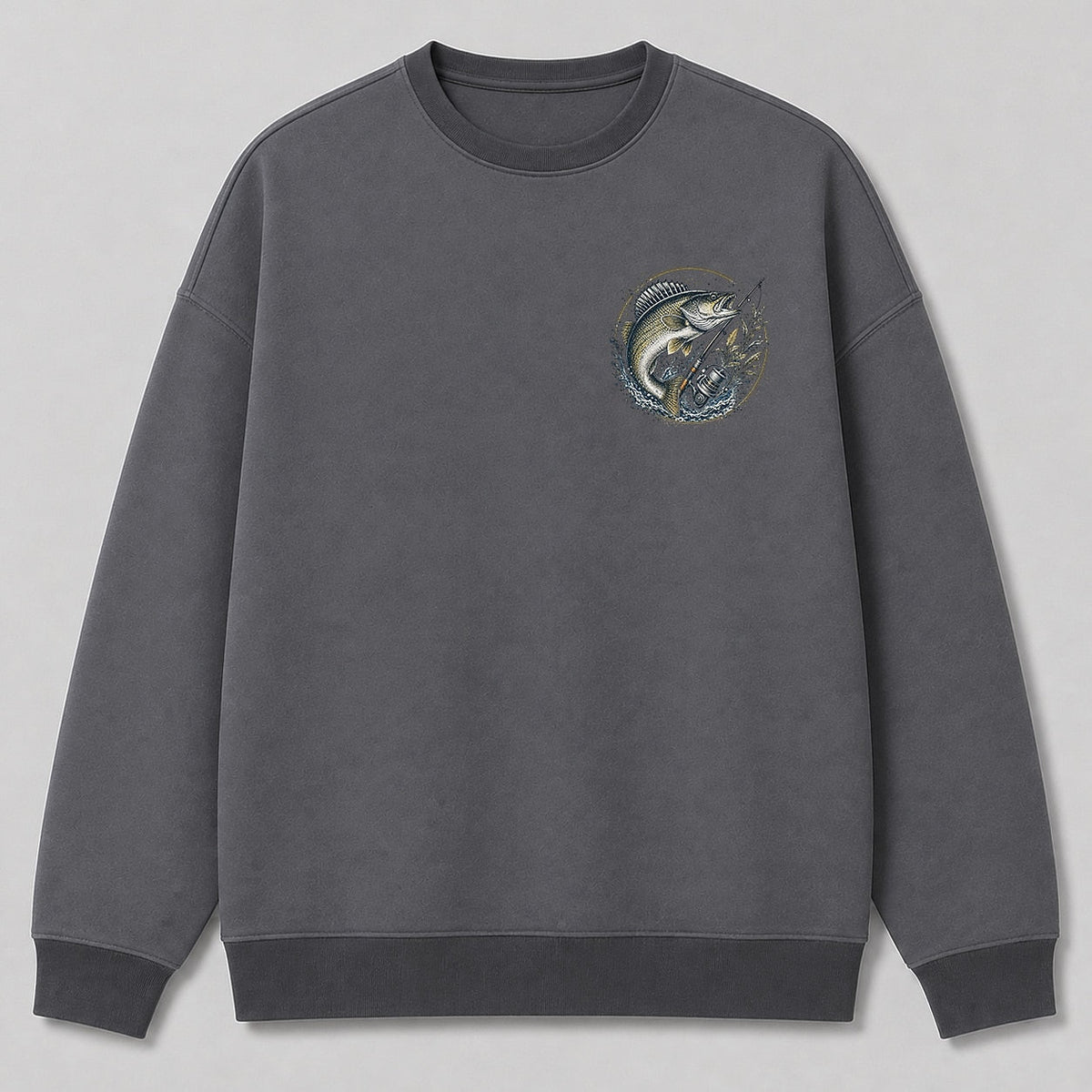 Walleye Lake Fishing Crewneck Sweatshirt for Men — white front view with chest graphic
