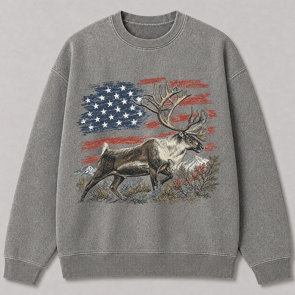 Washed American Flag Caribou Big Game Hunting Crewneck Sweatshirt - front product view