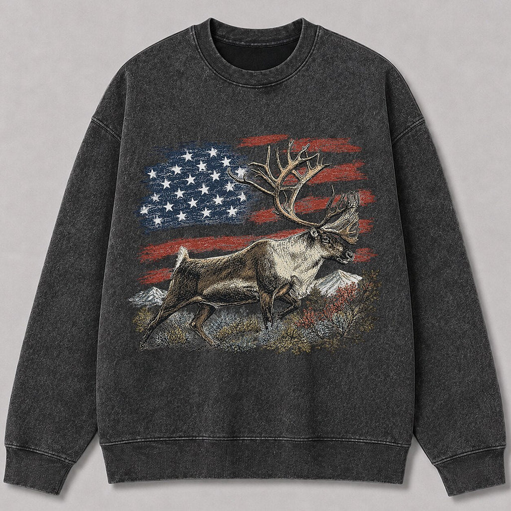 Washed American Flag Caribou Big Game Hunting Crewneck Sweatshirt - lifestyle product view