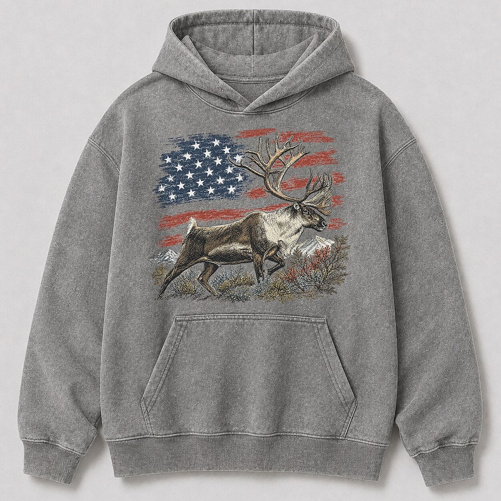 Washed American Flag Caribou Big Game Hunting Hoodie for Men - front product view