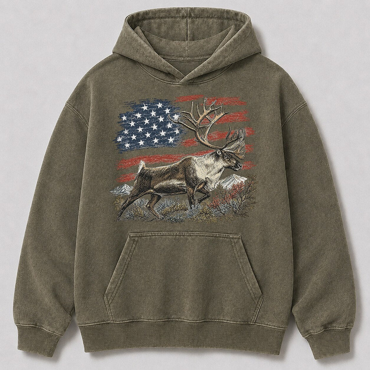 Washed American Flag Caribou Big Game Hunting Hoodie for Men - alternate product view