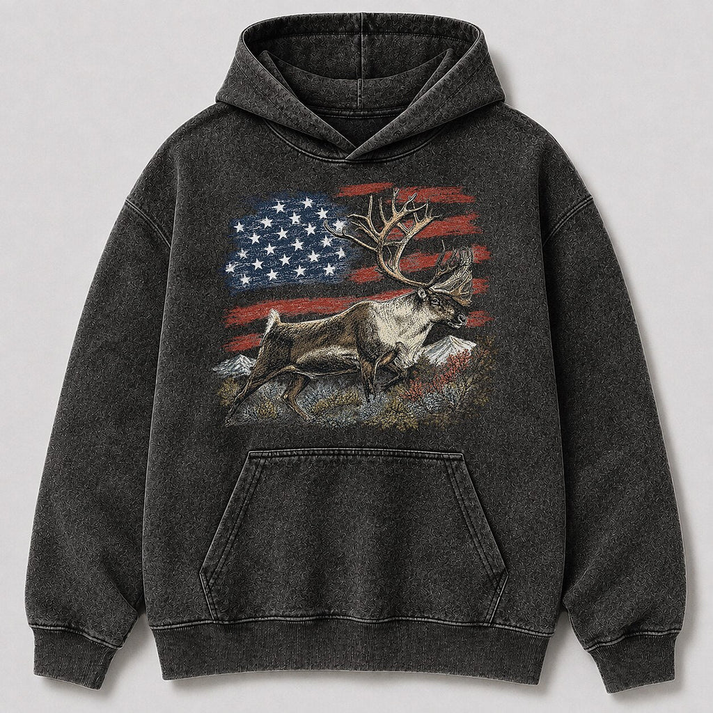 Washed American Flag Caribou Big Game Hunting Hoodie for Men - lifestyle product view