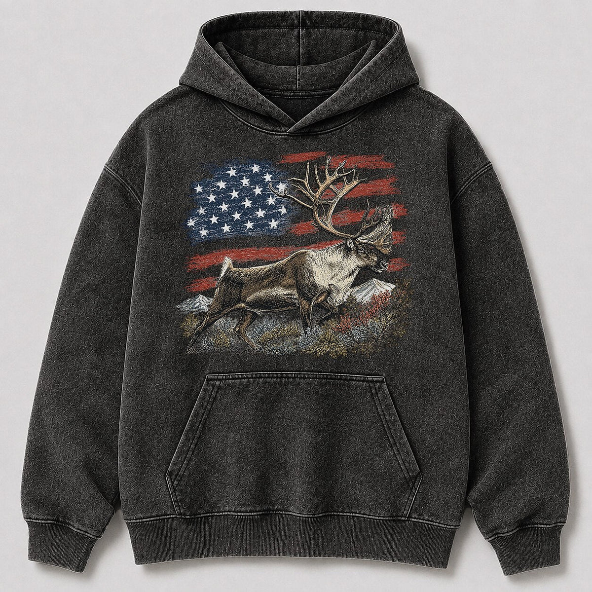 Washed American Flag Caribou Big Game Hunting Hoodie for Men - lifestyle product view