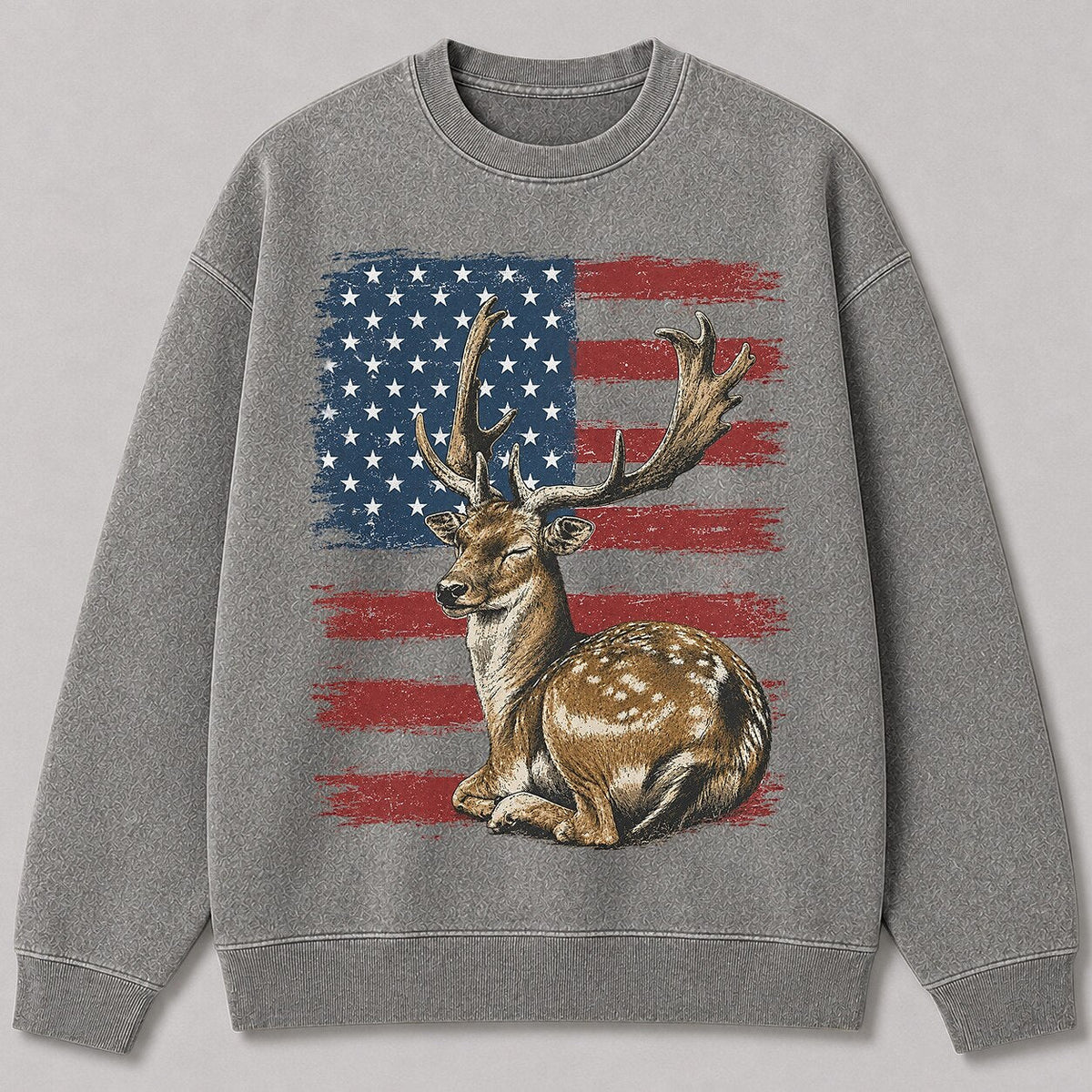 Washed American Flag Fallow Buck Hunting Crewneck Sweatshirt - front product view
