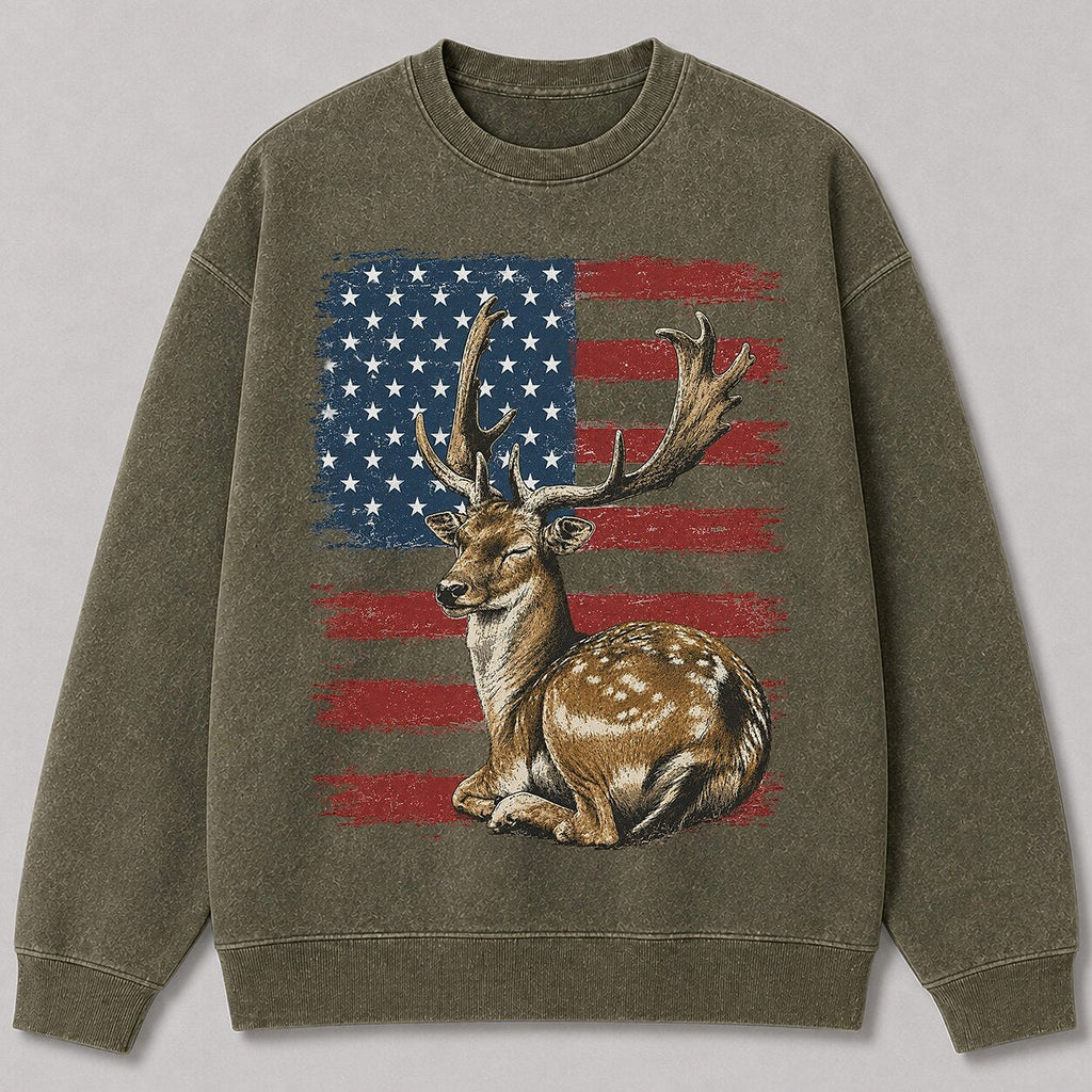 Washed American Flag Fallow Buck Hunting Crewneck Sweatshirt - alternate product view
