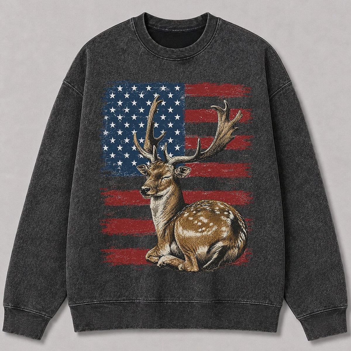 Washed American Flag Fallow Buck Hunting Crewneck Sweatshirt - lifestyle product view