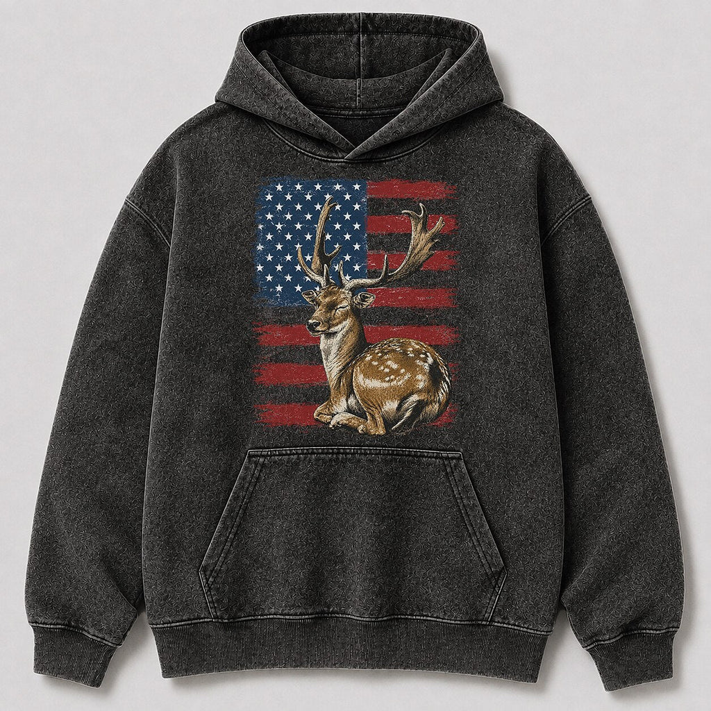Washed American Flag Fallow Buck Hunting Hoodie for Men - front product view
