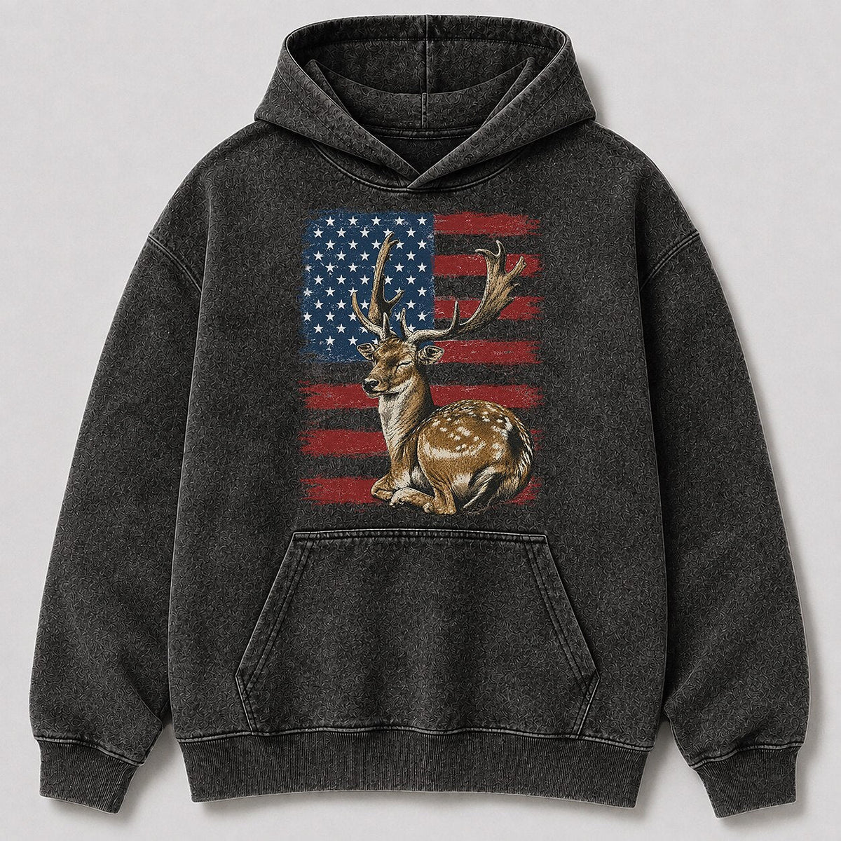 Washed American Flag Fallow Buck Hunting Hoodie for Men - front product view
