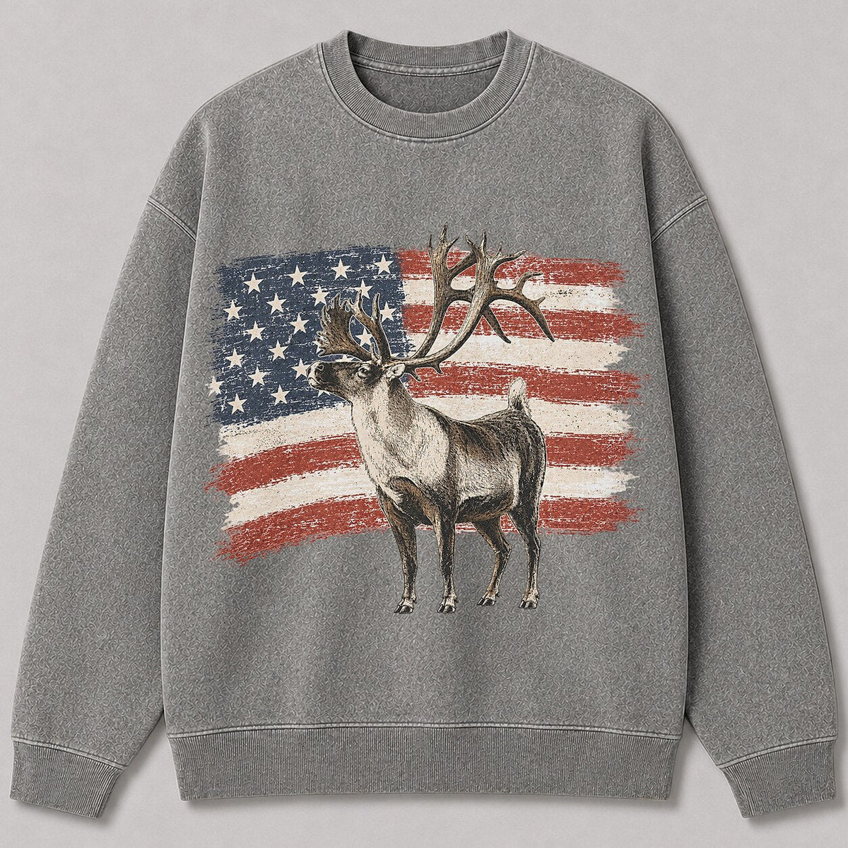 Washed American Flag Fallow Deer Hunting Crewneck Sweatshirt - front product view