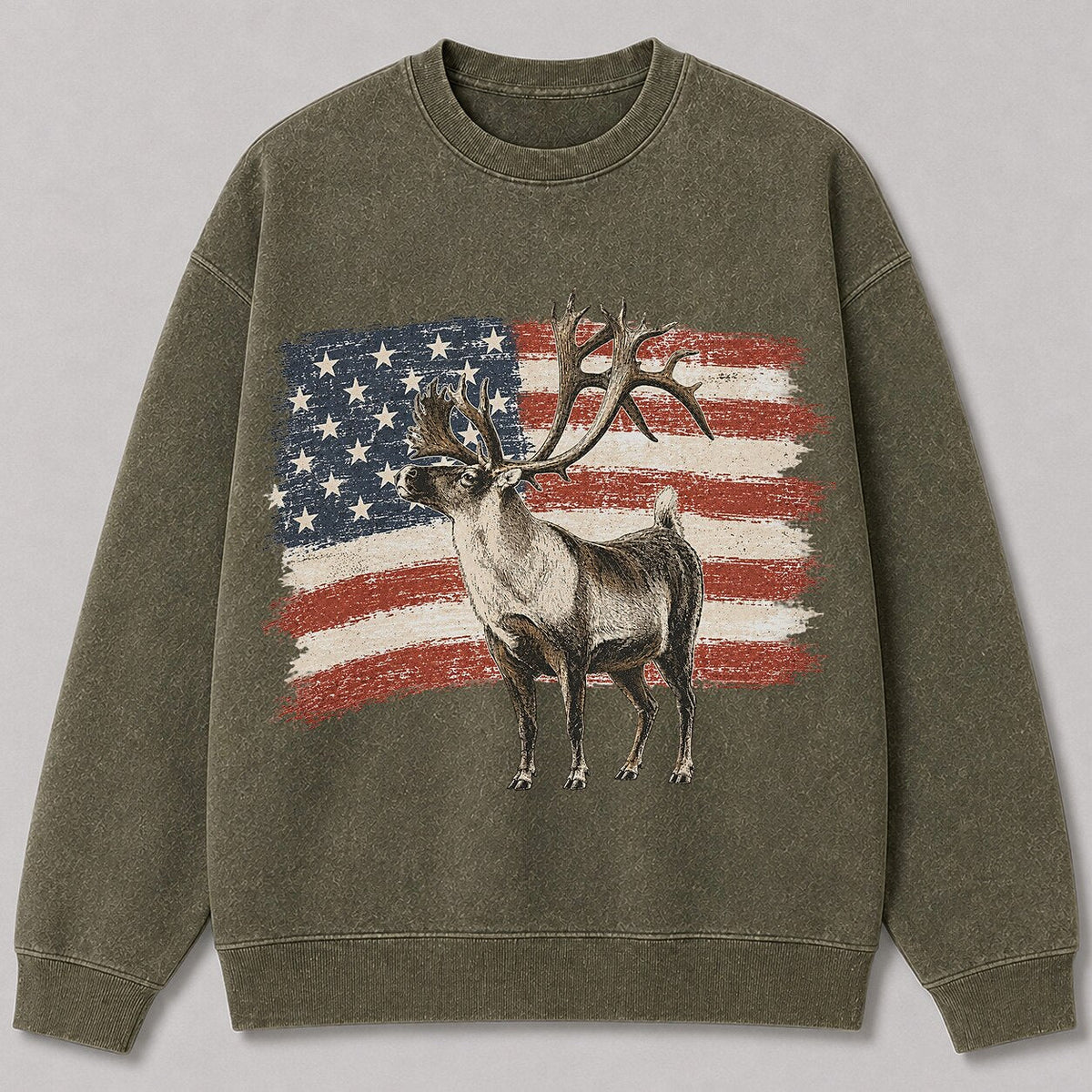 Washed American Flag Fallow Deer Hunting Crewneck Sweatshirt - alternate product view