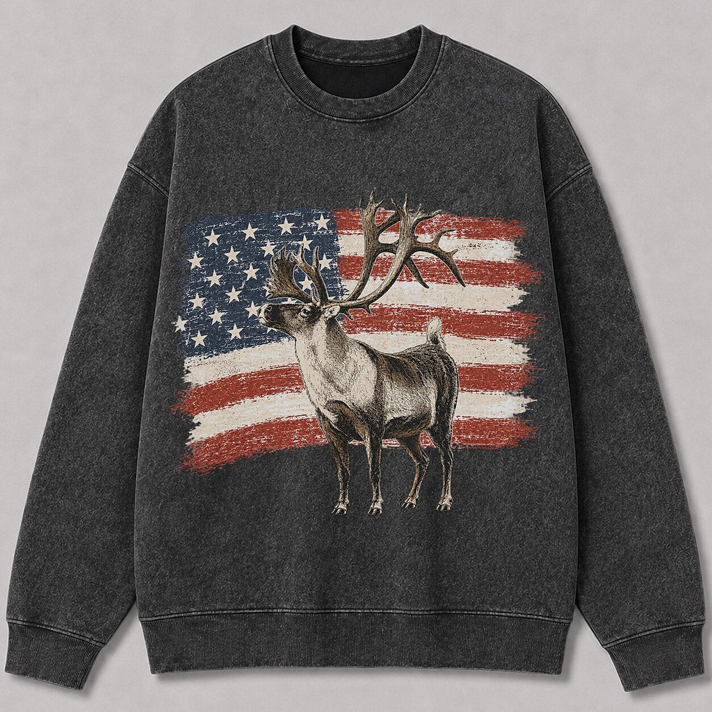 Washed American Flag Fallow Deer Hunting Crewneck Sweatshirt - lifestyle product view