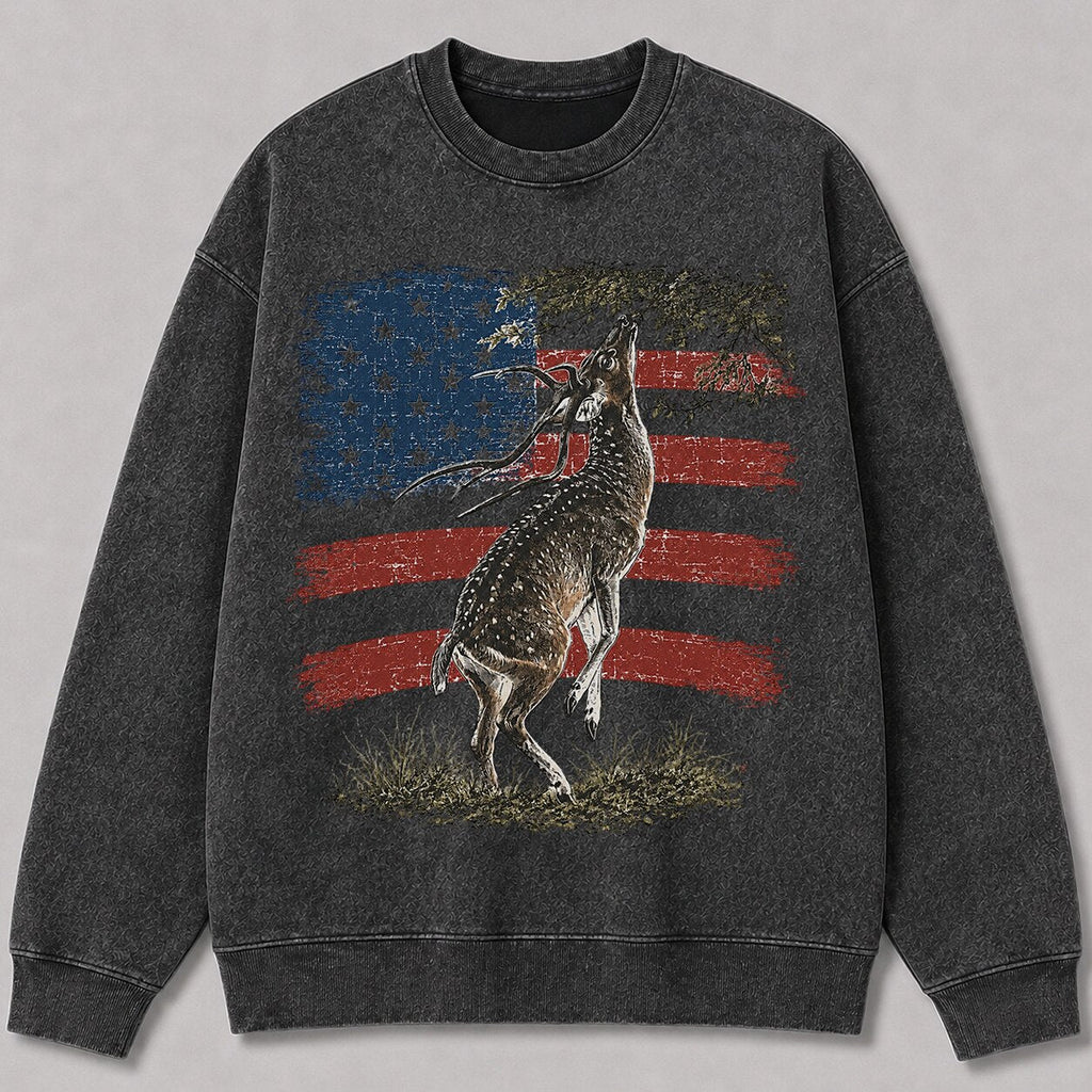 Washed American Flag Pronghorn Hunting Crewneck Sweatshirt for Men - front product view