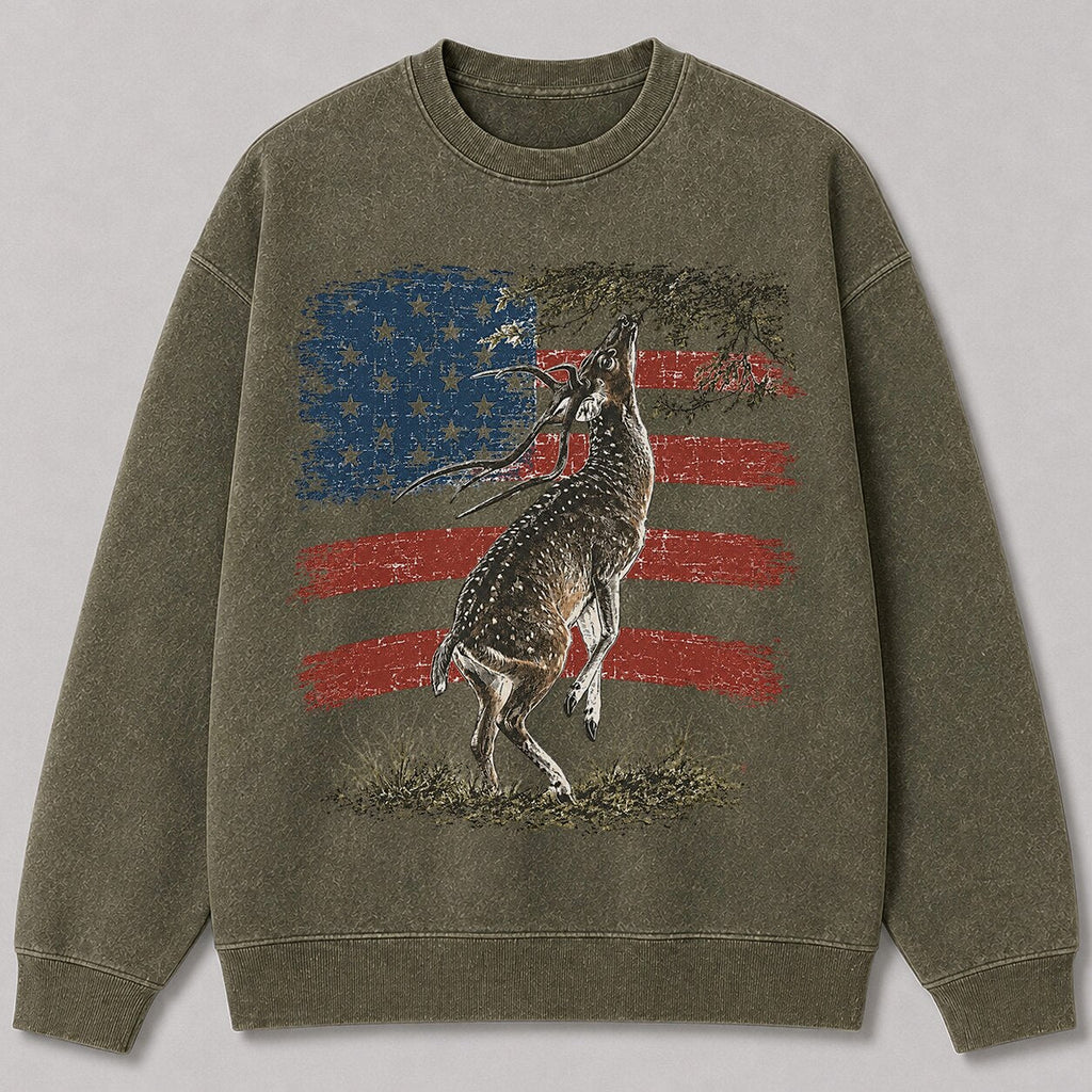 Washed American Flag Pronghorn Hunting Crewneck Sweatshirt for Men - alternate product view