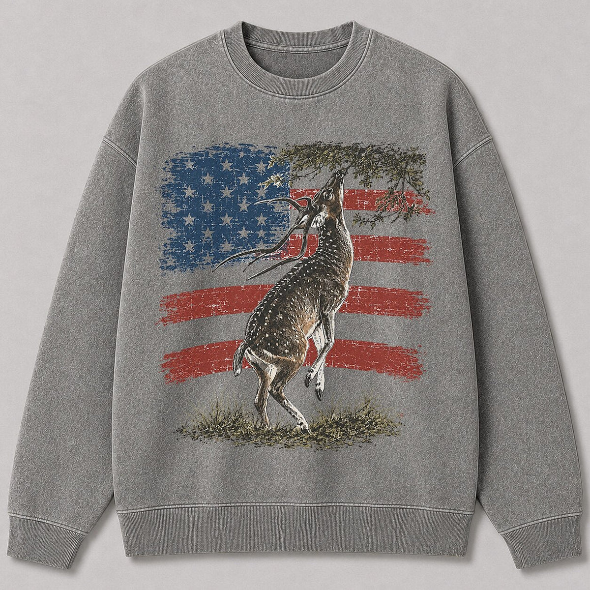 Washed American Flag Pronghorn Hunting Crewneck Sweatshirt for Men - lifestyle product view