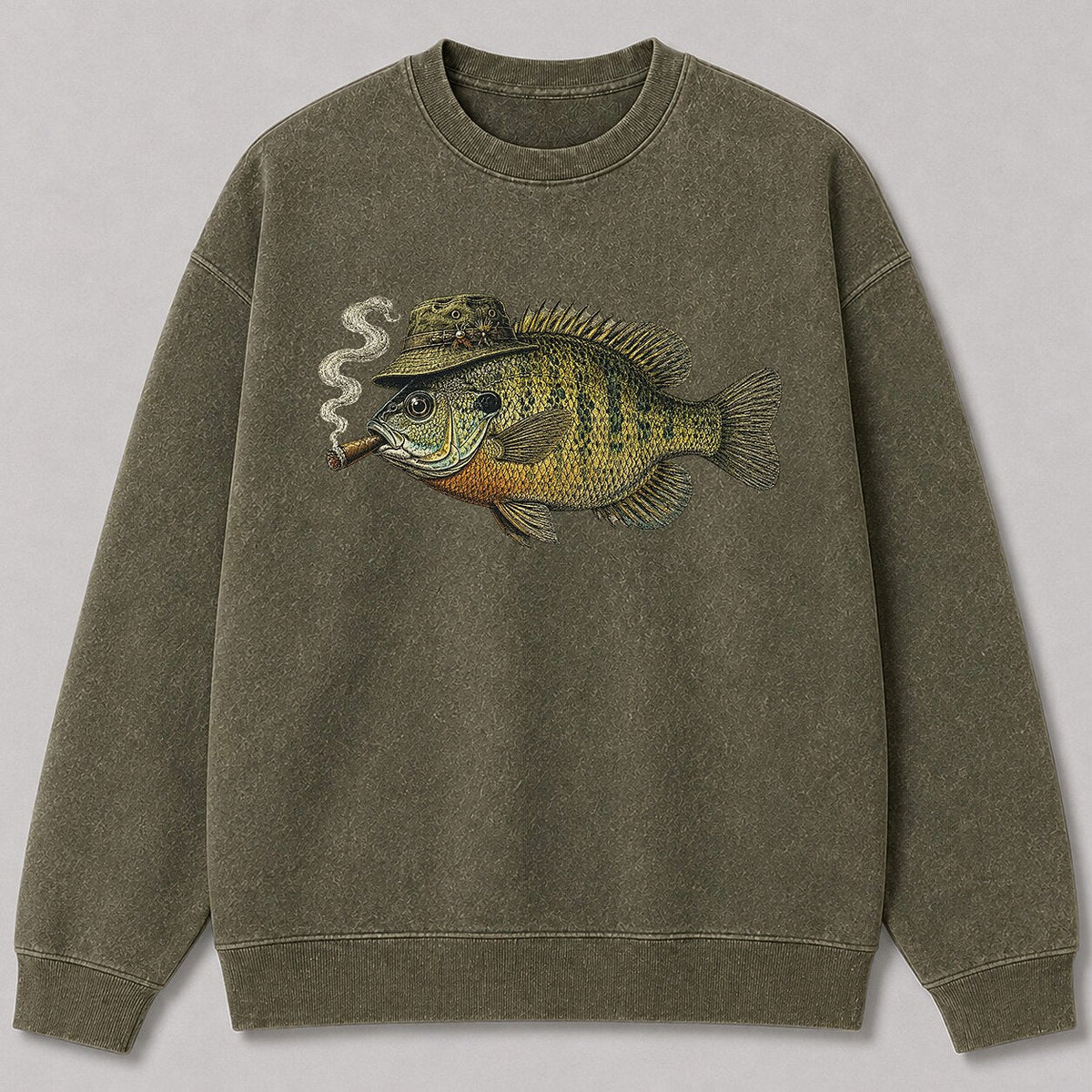 Washed Cigar-Smoking Bluegill Fishing Graphic Crewneck Sweatshirt for Men - front product view