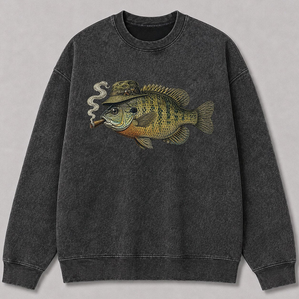 Washed Cigar-Smoking Bluegill Fishing Graphic Crewneck Sweatshirt for Men - alternate product view