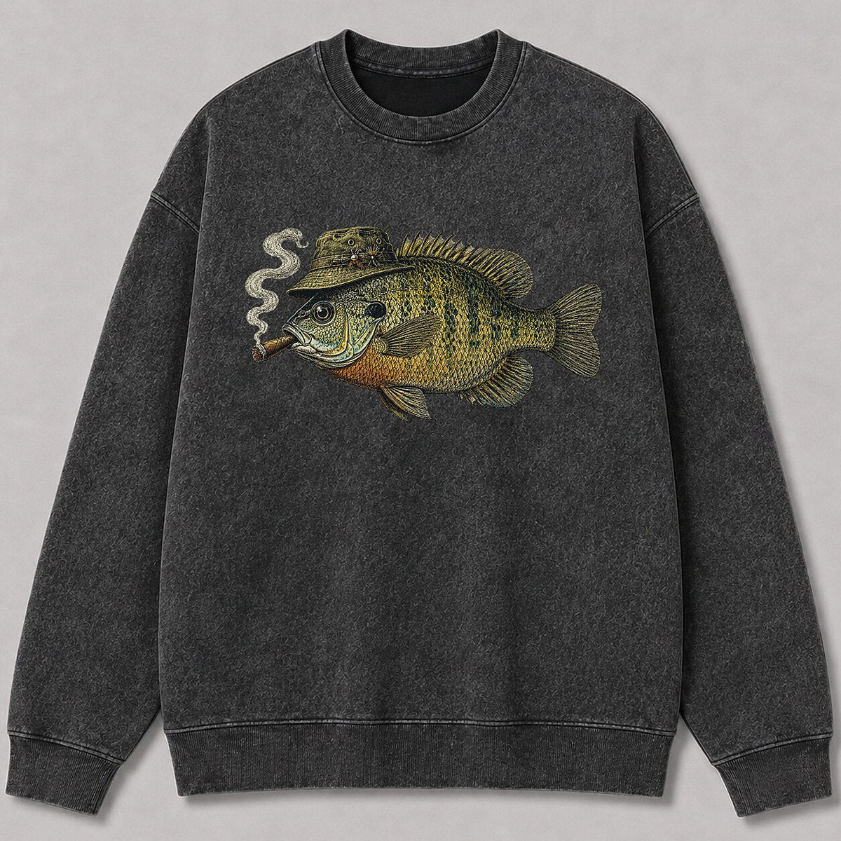 Washed Cigar-Smoking Bluegill Fishing Graphic Crewneck Sweatshirt for Men - alternate product view
