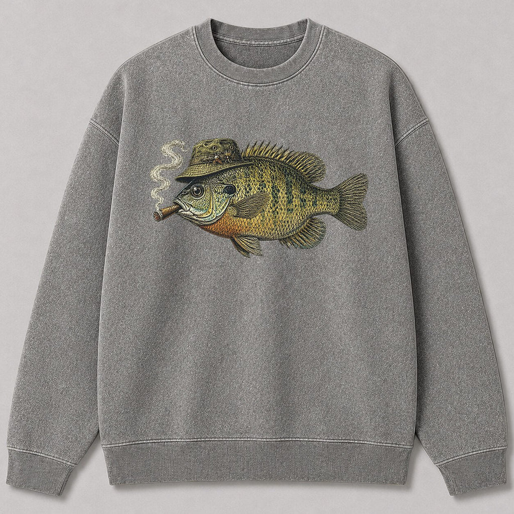 Washed Cigar-Smoking Bluegill Fishing Graphic Crewneck Sweatshirt for Men - lifestyle product view
