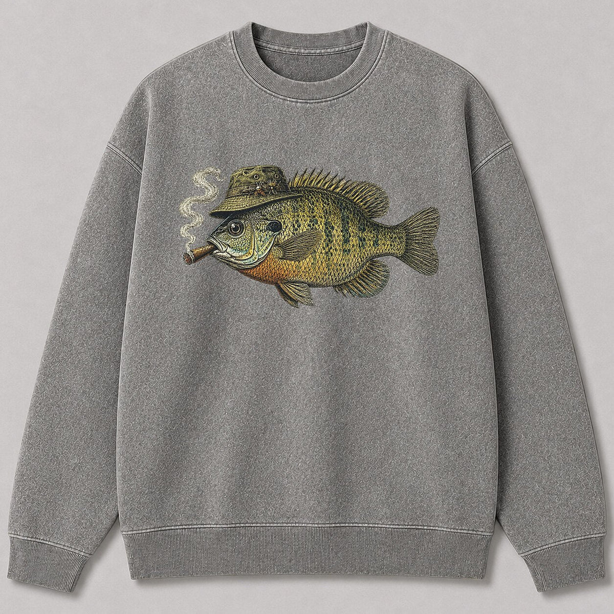 Washed Cigar-Smoking Bluegill Fishing Graphic Crewneck Sweatshirt for Men - lifestyle product view