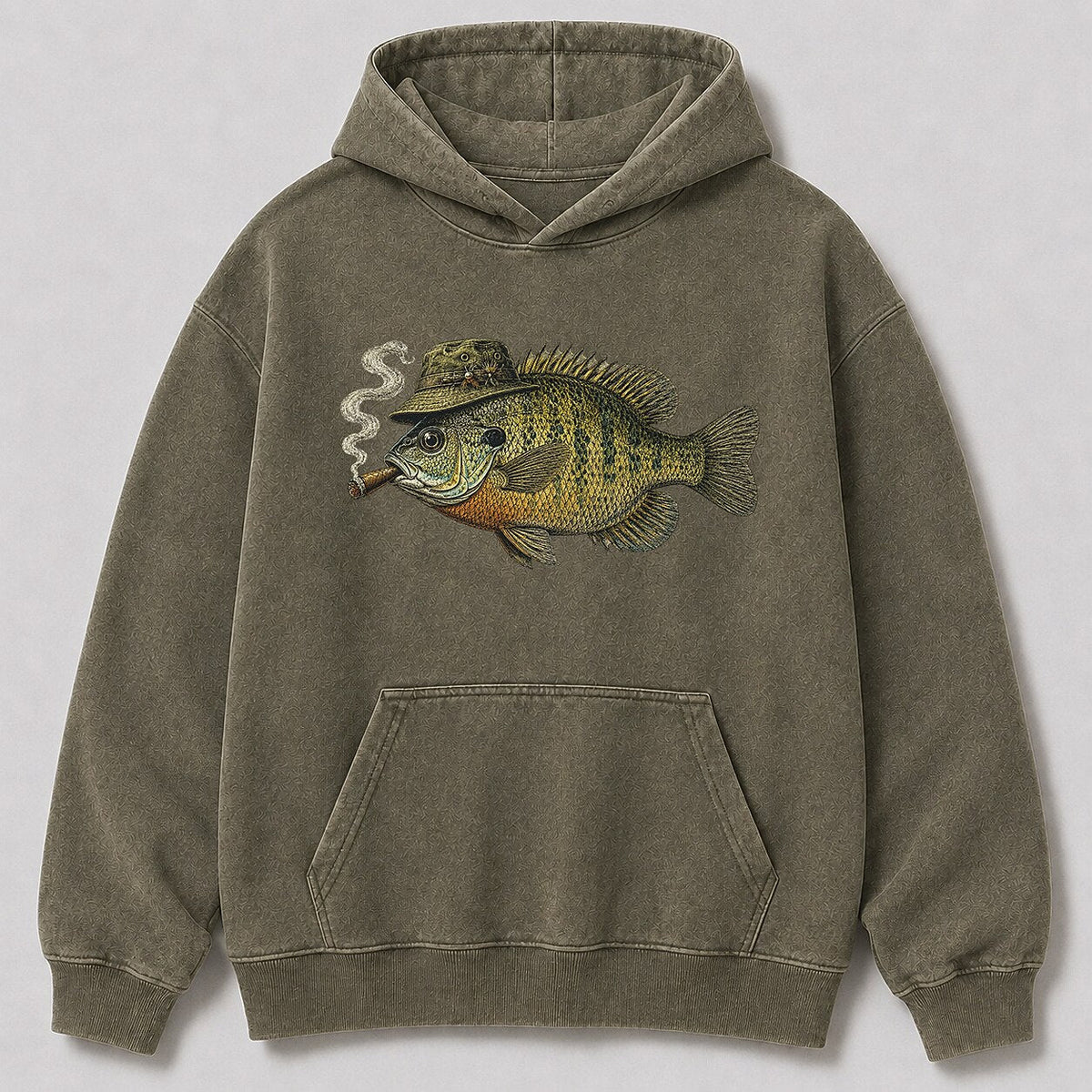 Washed Cigar-Smoking Bluegill Lake Fishing Hoodie for Men - front product view
