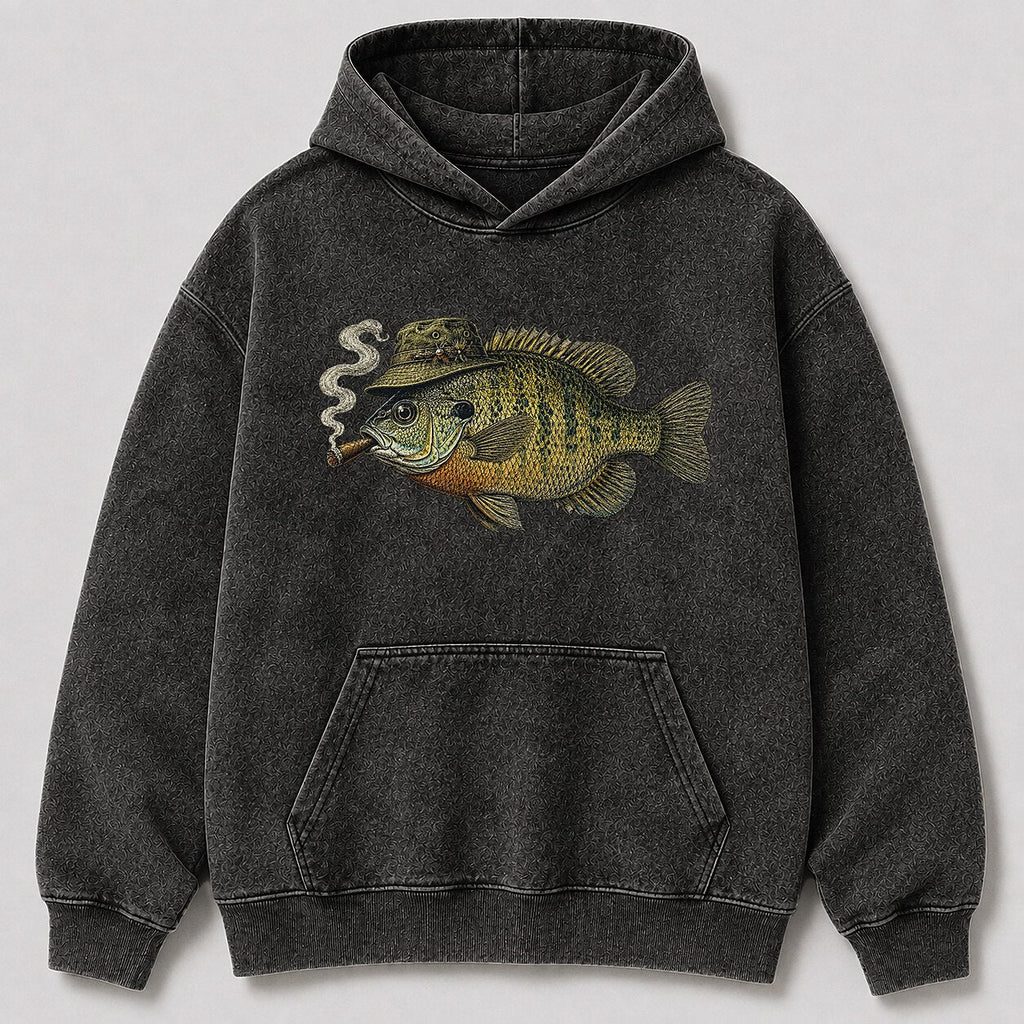 Washed Cigar-Smoking Bluegill Lake Fishing Hoodie for Men - alternate product view