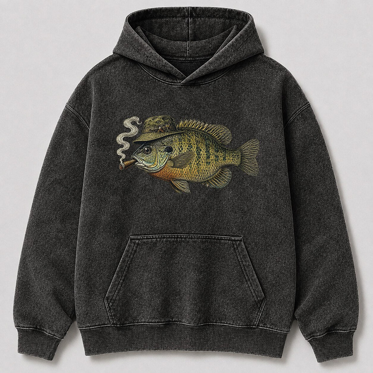 Washed Cigar-Smoking Bluegill Lake Fishing Hoodie for Men - alternate product view