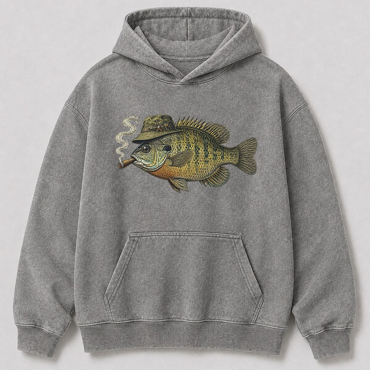 Washed Cigar-Smoking Bluegill Lake Fishing Hoodie for Men - lifestyle product view